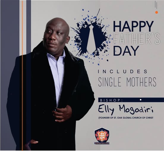 Bishop Mogodiri in a black coat on a church greeting graphic
