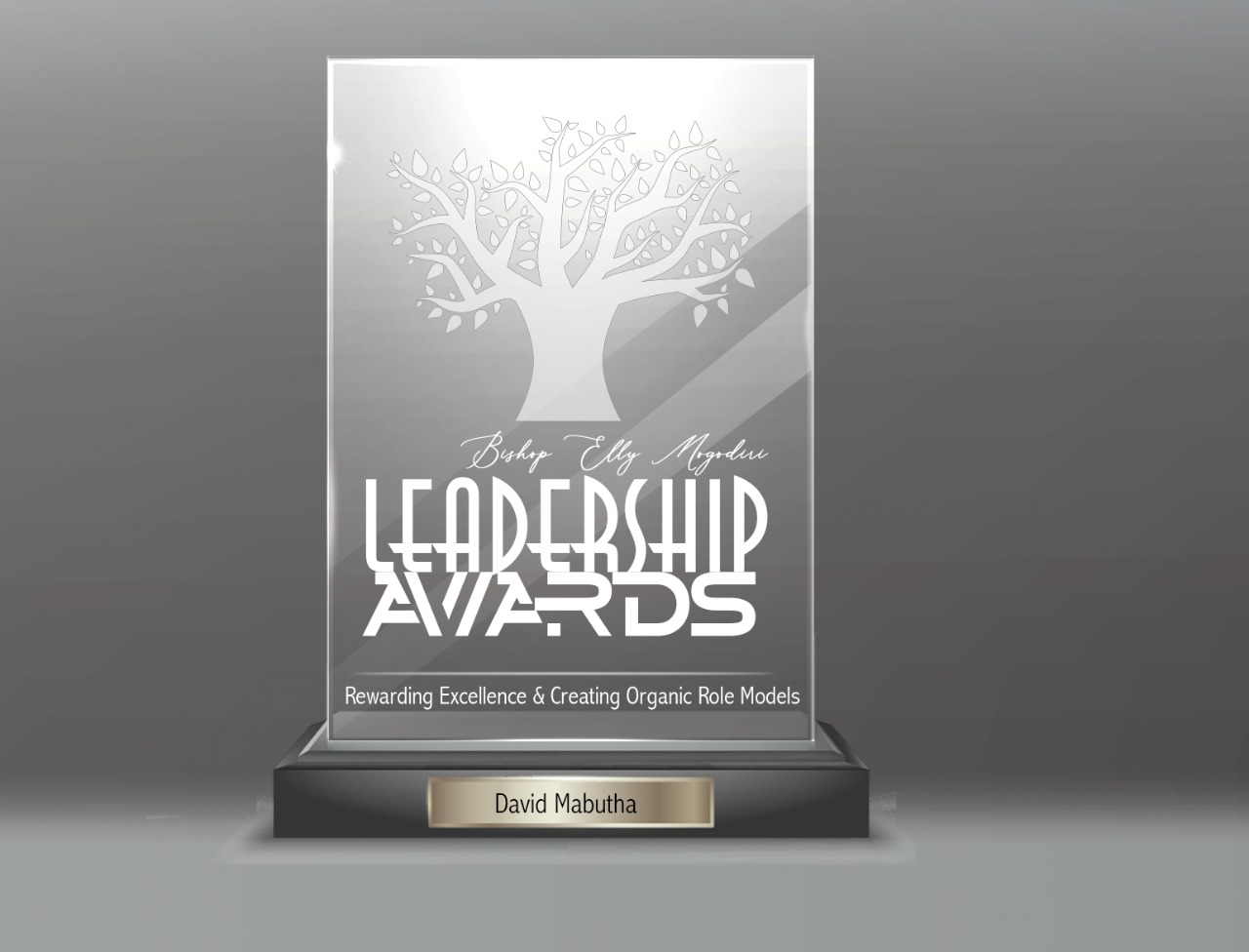 Bishop Elly Mogodiri Leadership Awards glass trophy