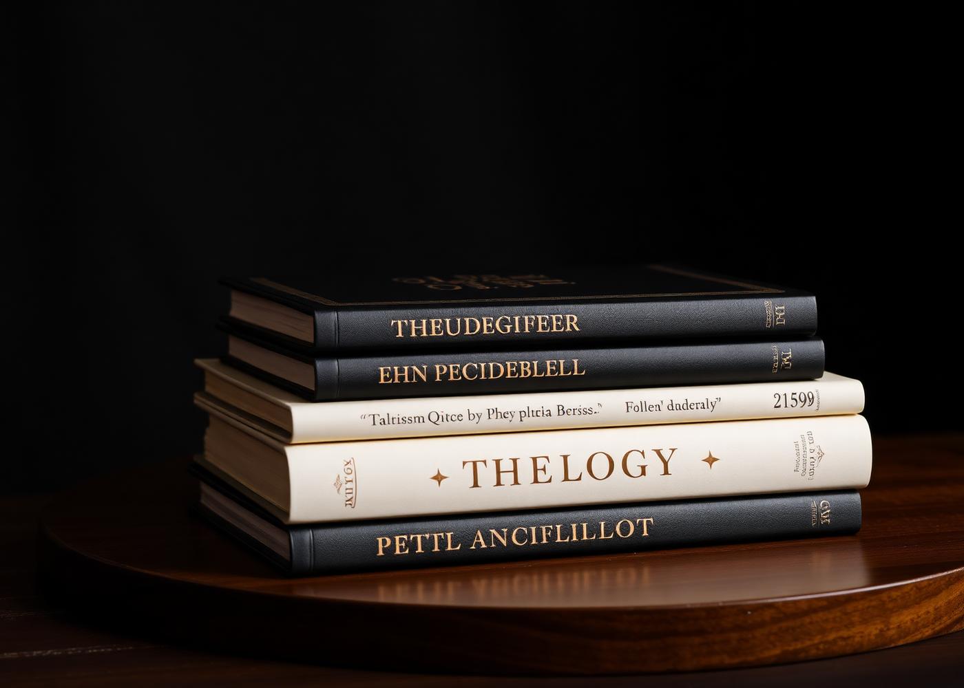 Stack of hardcover books on a wooden table