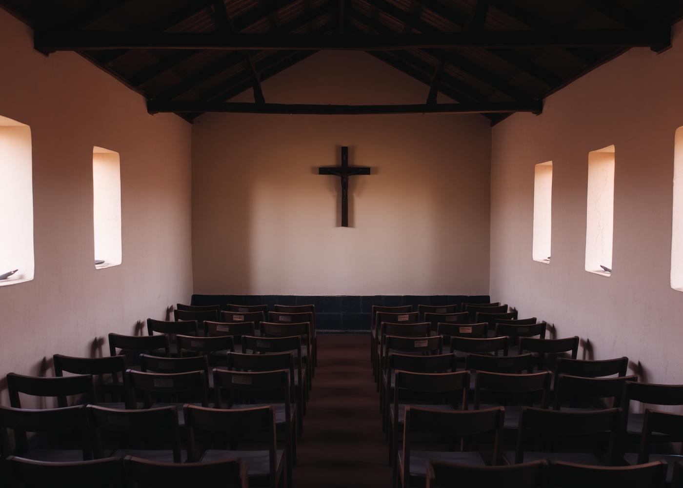 Quiet church sanctuary interior with a simple wooden cross